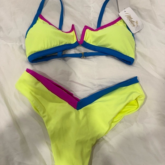 MISTICA SWIMWEAR Made in Columbia Neon Yellow and Blue Bikini Set Sz 32 or S - Picture 1 of 6